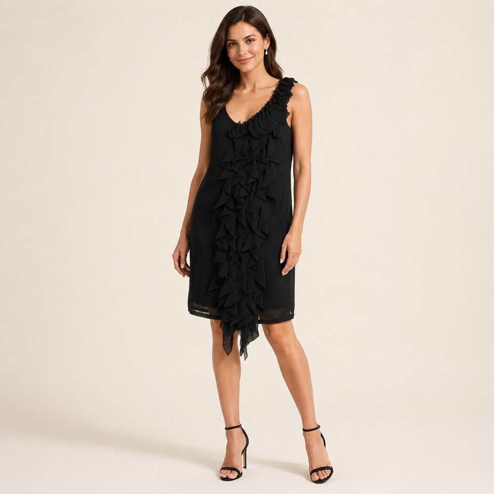 LONDON TIMES Black Asymmetrical Neckline Ruffle Sleeve Sheath Cocktail Dress‎ 8
